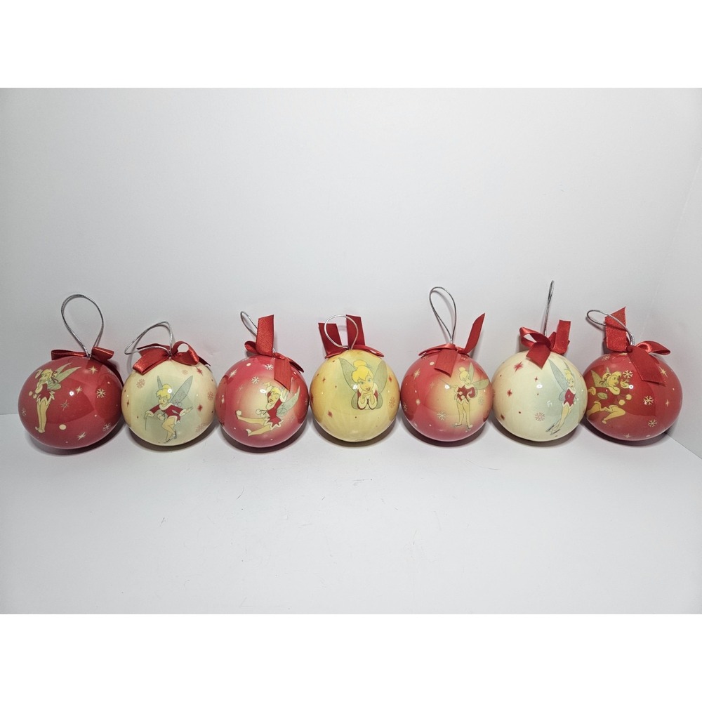 Disney Tinker Bell Christmas Ornaments Lot of 7 Decoupage Ball Red Cream 2007